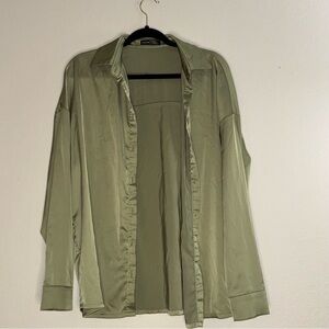 Satin Olive Green Button Up Blouse